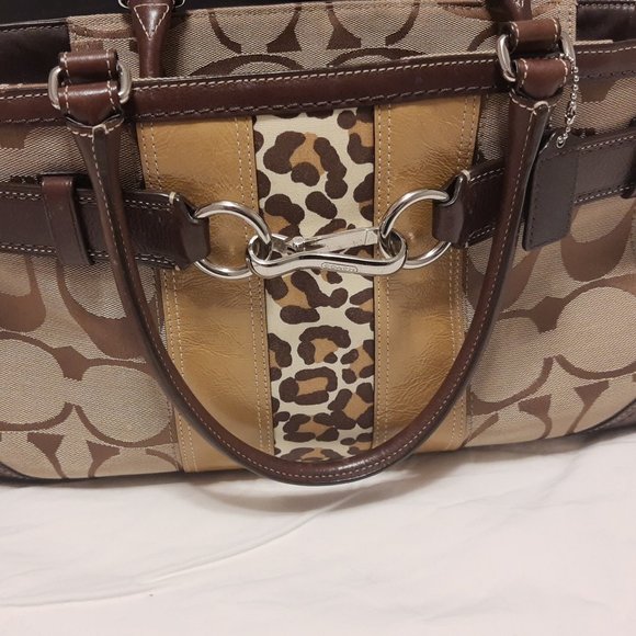 Coach "Hampton" Leopard, Signature Canvas & Leather Carry All Handbag - Picture 1 of 5